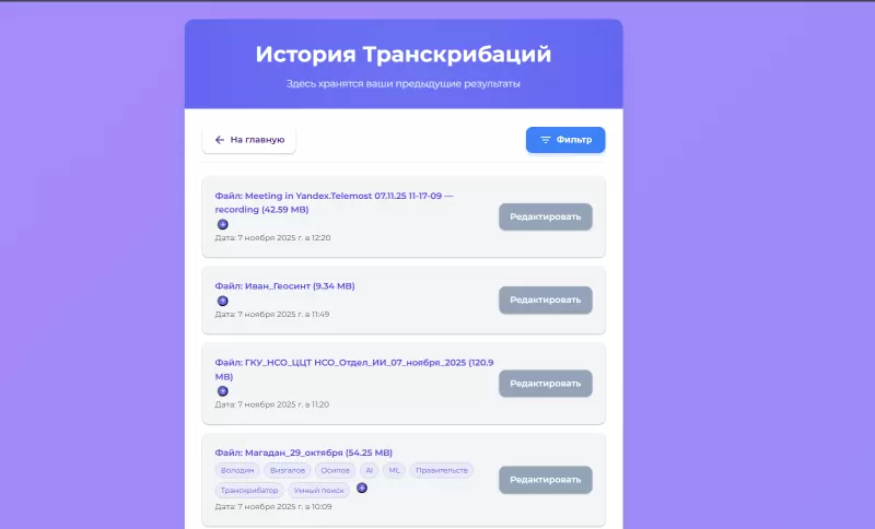 История транскрибаций встреч и созвонов